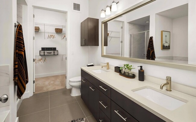 Double Sink Bathroom with Modern Cabinetry and Attached Walk-In Closet
