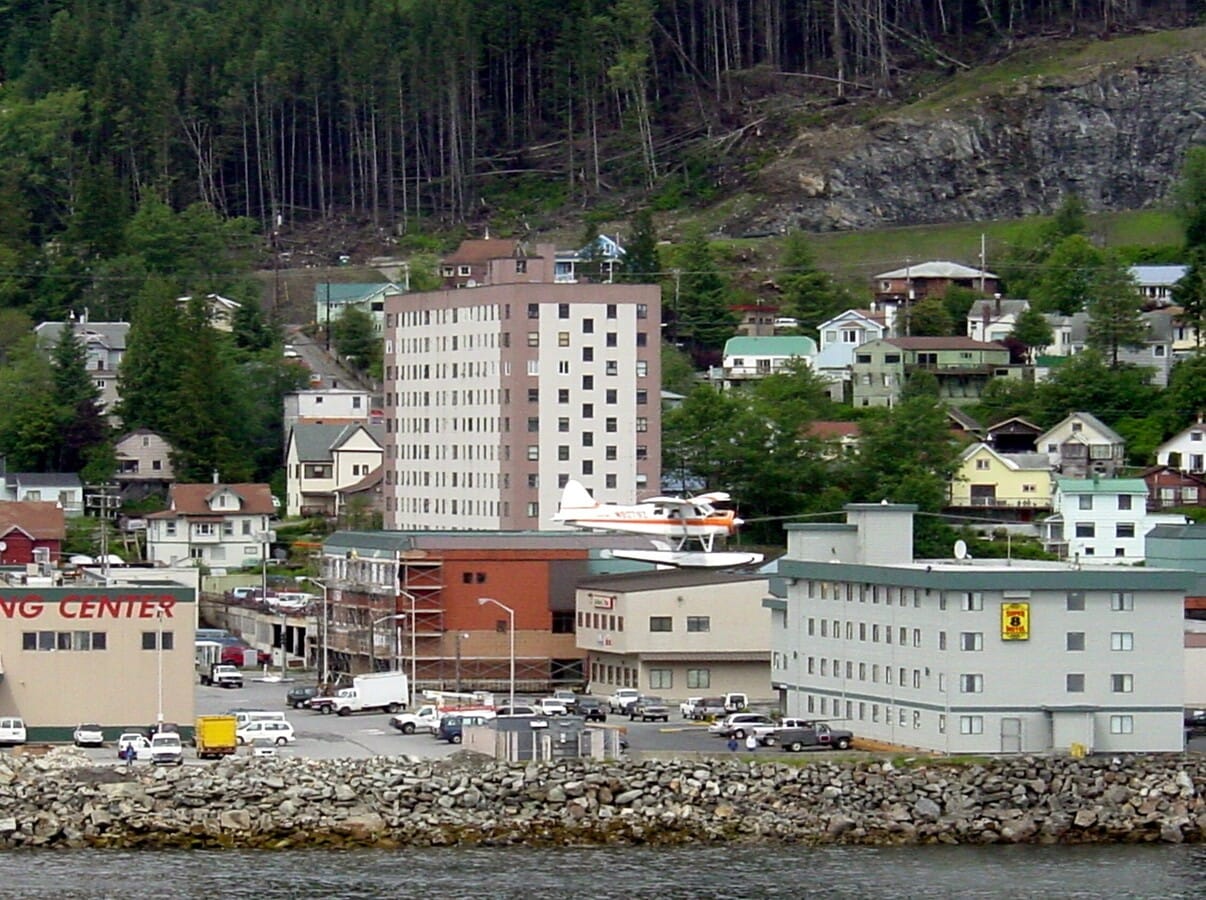 View to the northeast from the Tongass Narrows as a float plane passes by, residents can watch flights landing all day - Tongass Towers Condominiums
