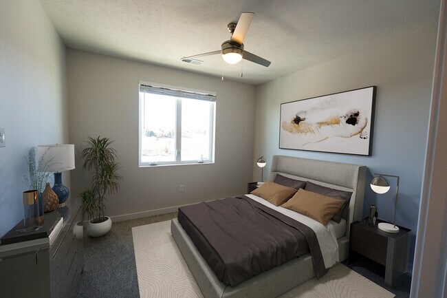 Modern Bedroom Space with Elegant Bedding and Ceiling Fan - EOS 75