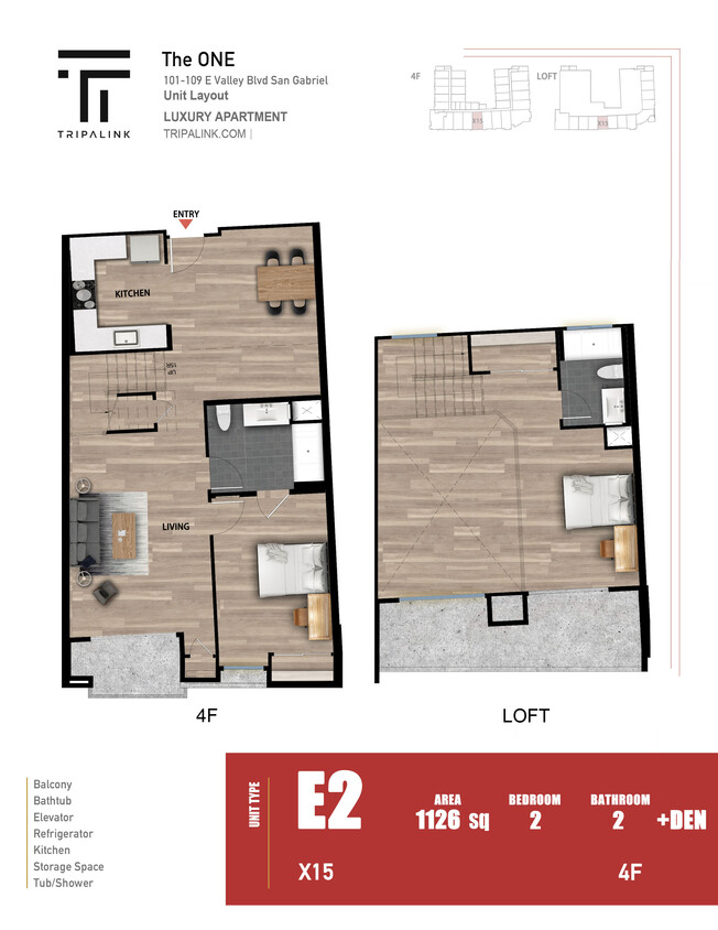 Floor Plan - 2 Bed 2 Bath +Den +Loft - 1126 sqft