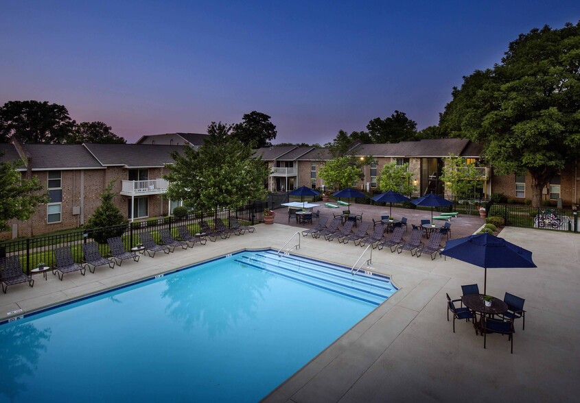 Resort-style pool at dusk