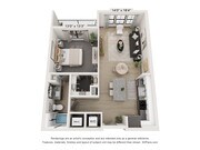 Explore this stylish one-bedroom apartment layout, featuring an inviting living space and modern amenities.