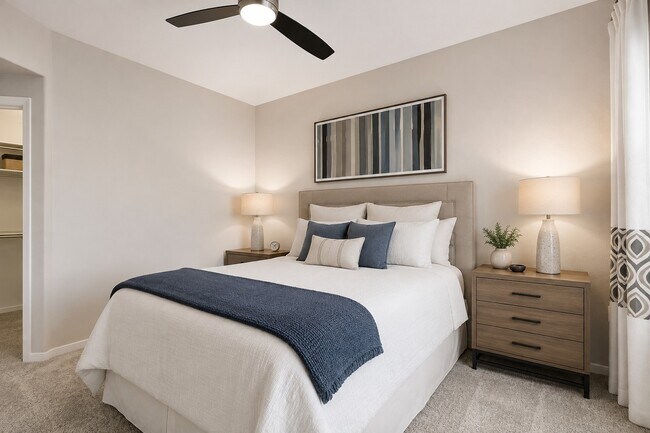 Elevate your lifestyle at Highland Groves at Morrison Ranch. This beautifully designed bedroom offers a serene retreat with modern finishes and cozy ambiance. Envision your perfect home here—schedule a tour today!