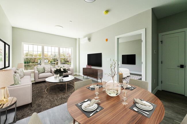 Virtually staged 1 BR unit shows dining and main living area with door leading to the bedroom. - Lakeside of Cheshire