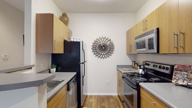 Acclaim Apartments- modern kitchen with stainless steel appliances - Acclaim