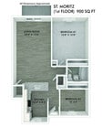Explore the efficient layout of the St. Moritz 900 sq ft apartment, perfect for modern living.