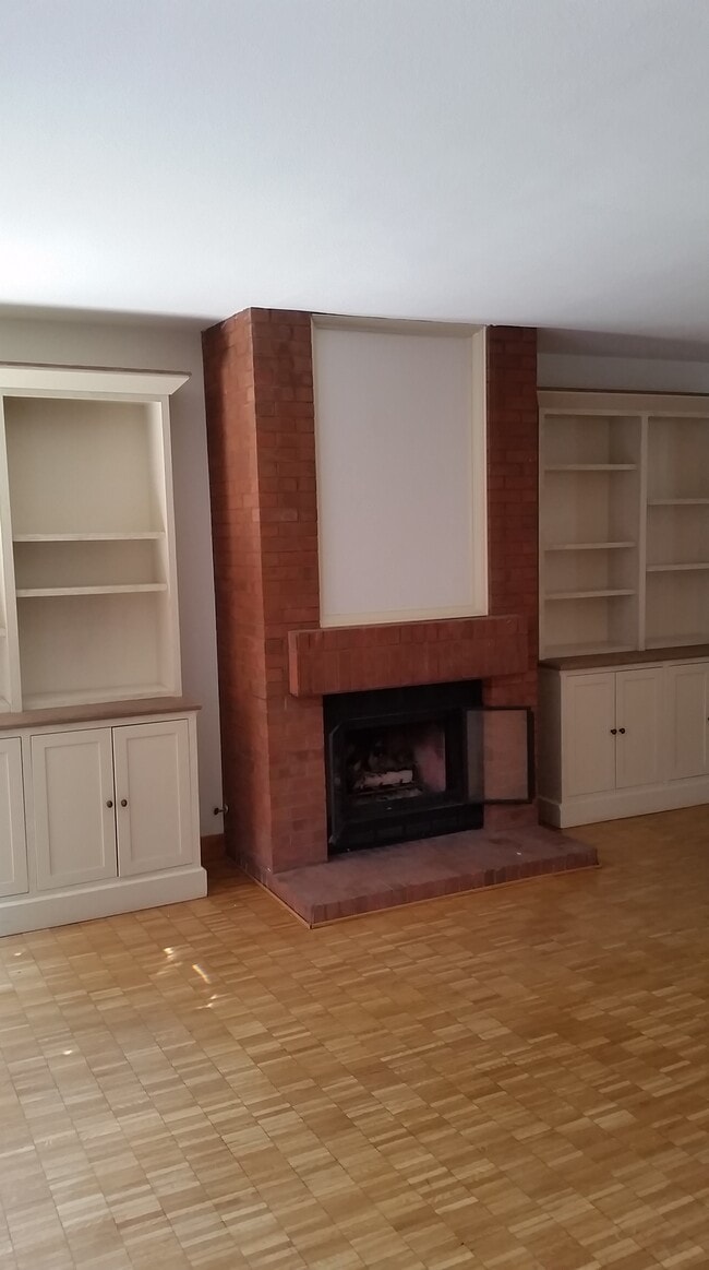 Built-in shelving and fireplace.