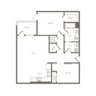 Modern floor plan featuring 2 bedrooms, open living and kitchen area, 2 bathrooms, and a private balcony.