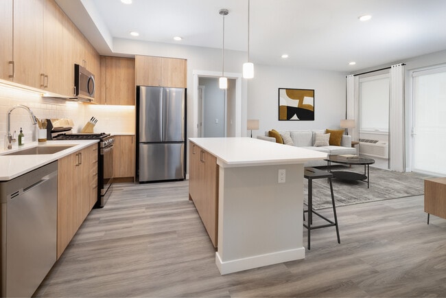 Kitchen and living room with hard surface flooring