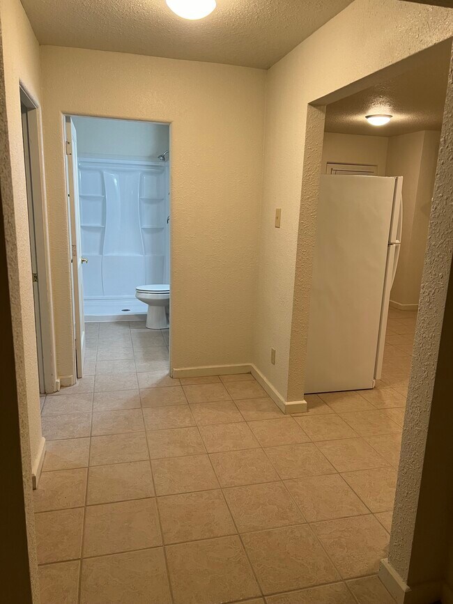 Hallway to bedroom (left), bathroom (straight) and kitchen (right). - 217 N 1st St Unit 7