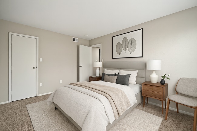 Modern bedroom with botanical accents - Pembroke Lake Apartments