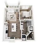 The Rhine, 1/1, 722 SF | Spacious apartment floor plan with a cozy bedroom, modern kitchen, stylish open living area, and a vibrant balcony view.