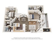 D2 Classic Floor Plan | 2 Bedroom 2 Bath | 1192 sq ft | Pavilions Apartments