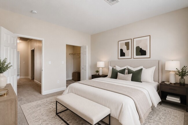 Step into stylish tranquility at Red Rock Villas. This beautifully designed bedroom features soft neutrals, modern decor, and ample space for relaxation. Elevate your comfort with thoughtful amenities. Schedule your tour today and see it for yourself!