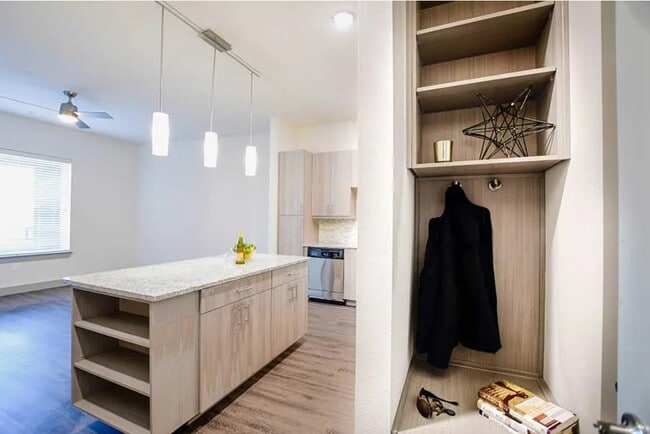 Gray finish package built-in shelving