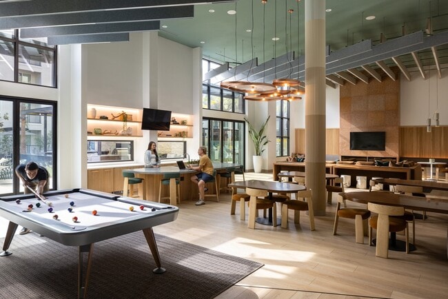 Clubhouse with billiards, full kitchen, fireplace, and TV screens