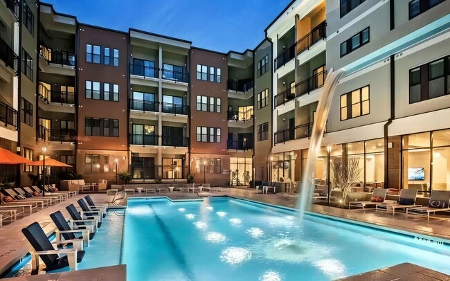 After dark the pool lights come up and the courtyard changes character.