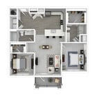 The Dogwood is a two-bedroom, two-bathroom floor plan featuring an open-concept layout, full-size washer and dryer, walk-in closets, and a private patio or balcony.