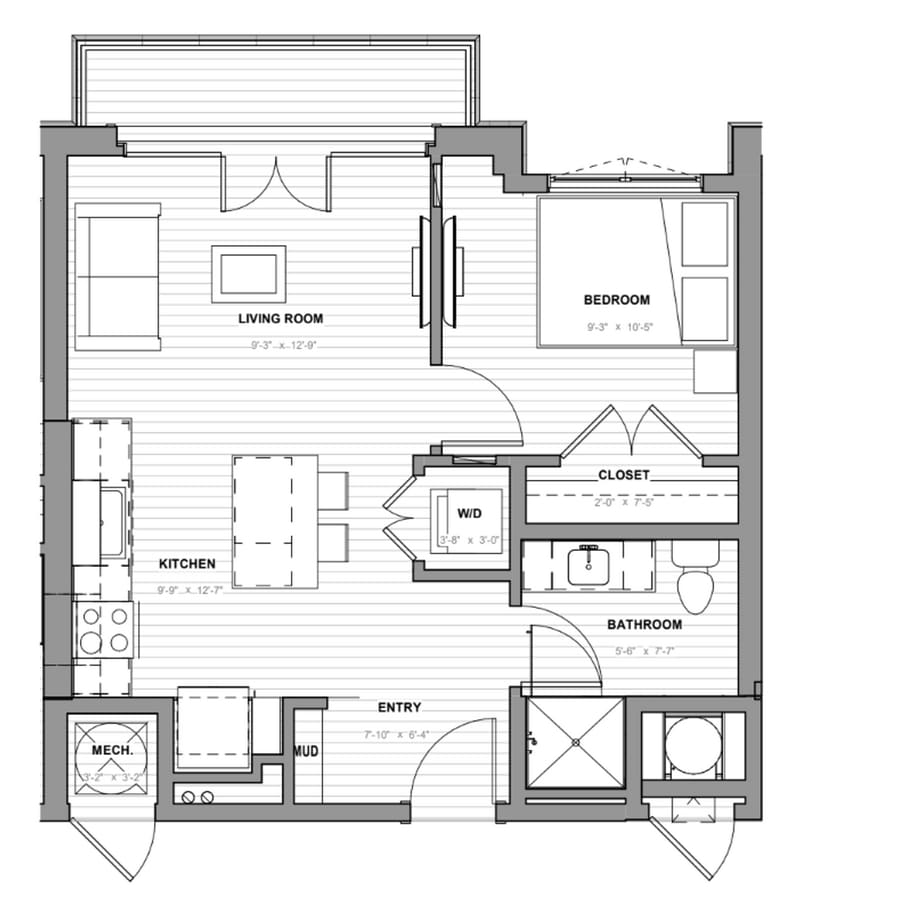 The Gallery (Corner) | 1 Bed | 1 Bath | 561 SF - The Gallery (Corner) | 1 Bed | 1 Bath | 561 SF Unidad A205