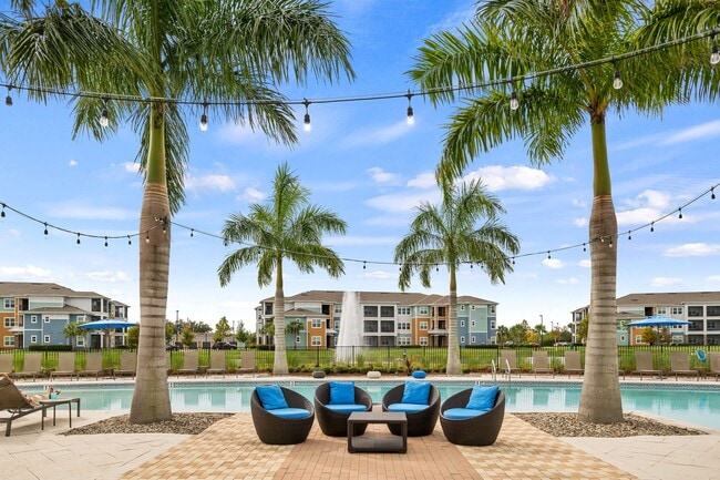 Shimmering pool and outdoor lounge