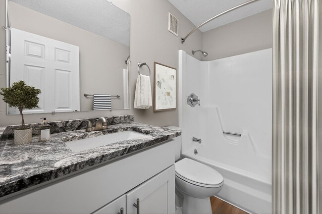 Elevate your daily routine in the stylish bathroom at Eagle Rock Apartments at Hudson, featuring modern finishes and ample space. Enjoy the perfect blend of comfort and functionality. Schedule your personal tour today and see it for yourself!