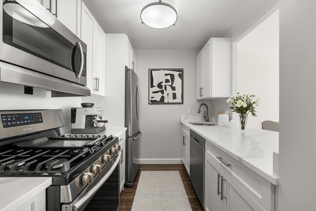 Sleek modern kitchen, statuario quartz countertops, six burner gas stove, stainless steel appliances at Parkside Place, apartments in Cambridge, MA