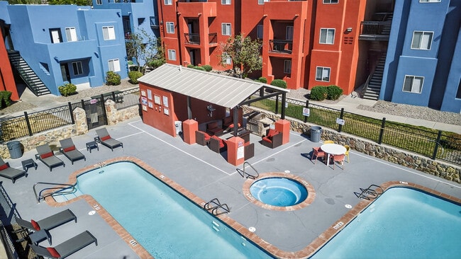 Aerial Views of Hot Tub, Pool, and Poolside Seating - Casa Bandera