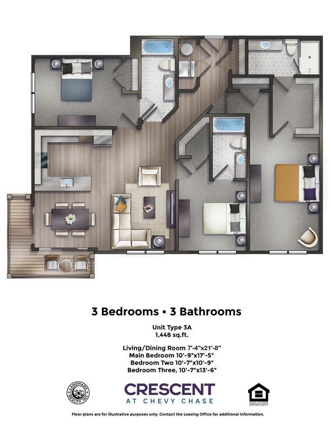 Floor Plan - 3 Bedroom-3 Bath Apt (3A)