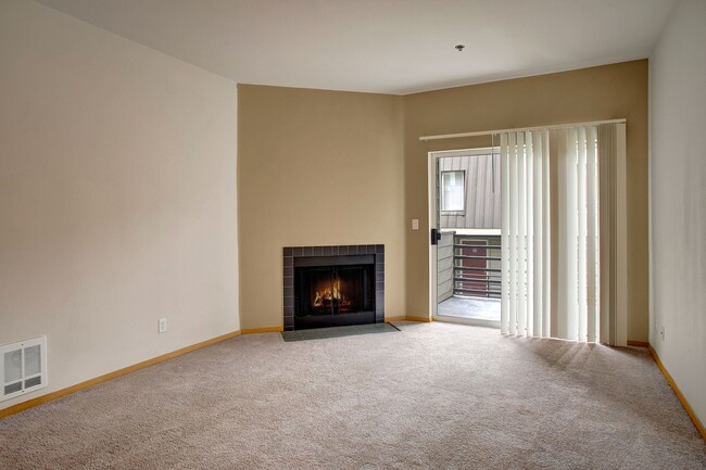 Living room with wall to wall carpeting and large sliding glass doors leading out to the private balcony and fireplace - St. James Tower