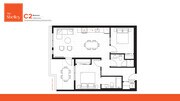 The Shelley C2 apartment floor plan showcasing 2 bedrooms, a stylish open-plan living and dining area, modern kitchen, and balcony access.