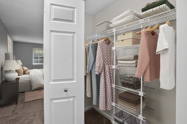 Elevate your lifestyle at Eagle Rock Apartments at Swampscott. This stylish closet features ample space and organized shelving, perfect for a modern living experience. Don’t wait—schedule your tour today and see the difference!