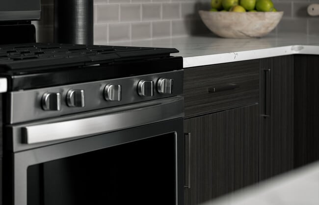 Elegant kitchen with sleek stainless steel oven and modern slow close cabinetry.