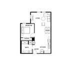 Modern 1-bedroom apartment floor plan with open living and dining area, sleek kitchen, and spacious bath.