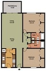 Inviting floor plan showcasing 2 spacious bedrooms, a bright living area, and a charming kitchen with dining space. Includes dual baths and a balcony.