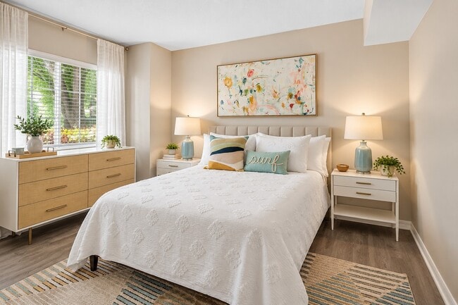 Elevate your living experience at Club Mira Lago with this beautifully designed bedroom, featuring stylish decor and natural light. Minimalist elegance meets comfort, making it the perfect retreat. Schedule your tour today!