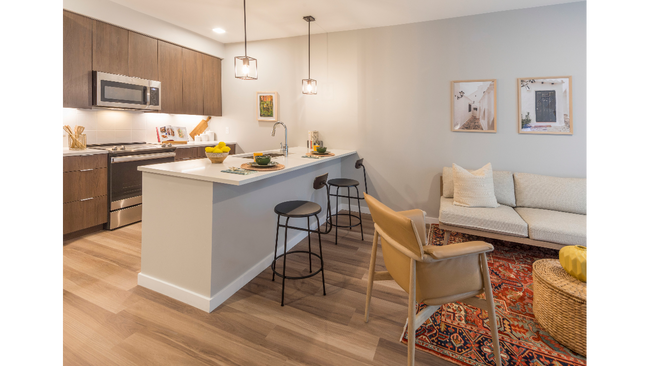 Spacious living room with open concept designer kitchen - Modera LoHi Rental