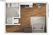 Explore this chic studio layout designed for modern, efficient living.