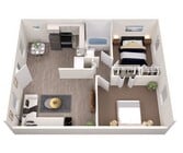 Explore this beautifully designed apartment layout with a seamless flow from the living area to the bedroom.