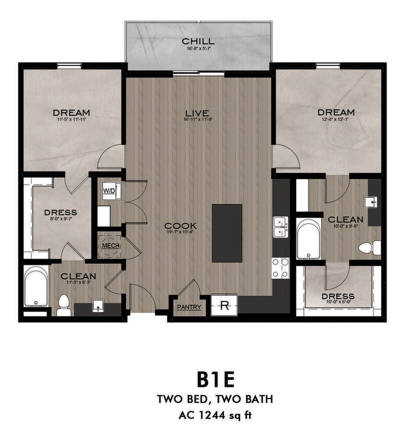 2 Bedroom 2 Bathroom floor plan - B1E