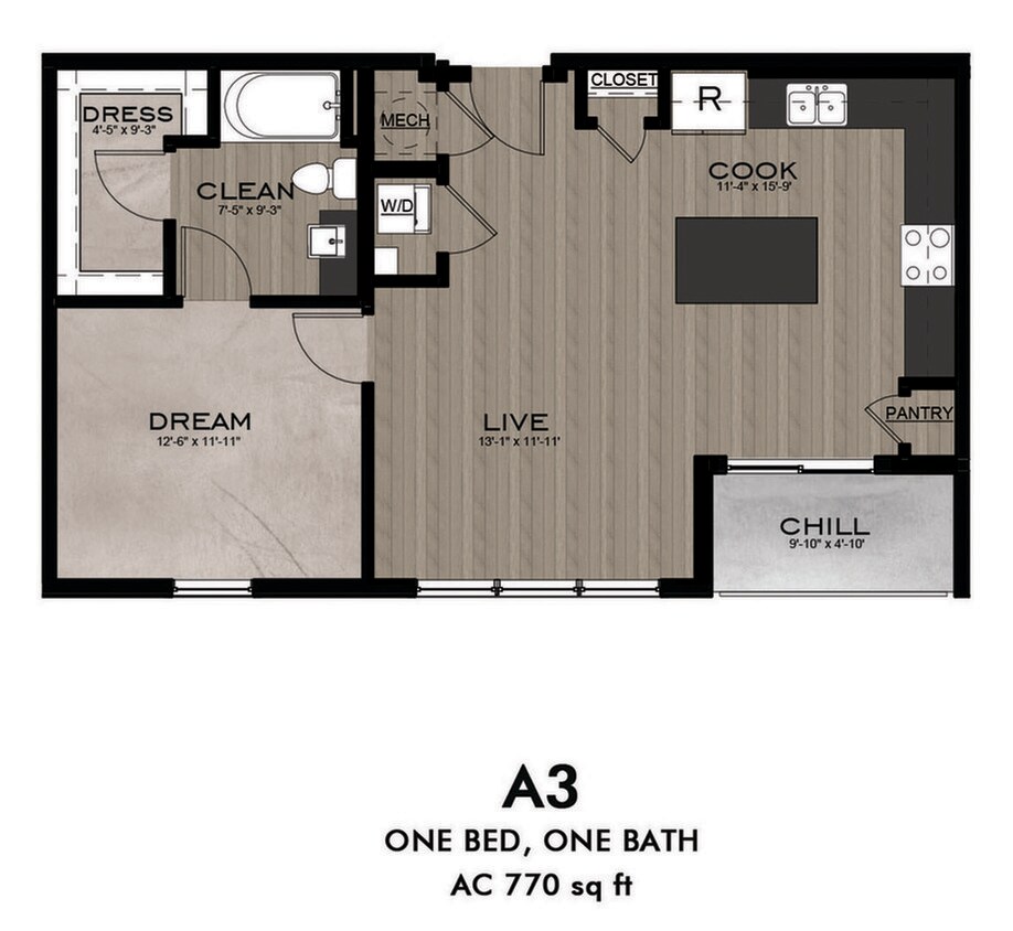 1 Bedroom 1 Bathroom floor plan - A3