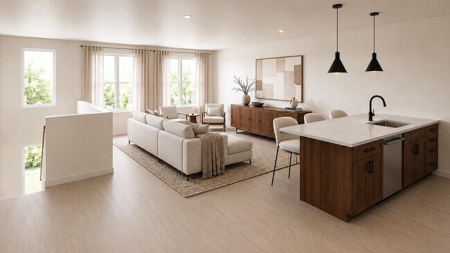 Cocina y sala de estar de concepto abierto en los apartamentos The Mont. - The Mont Granary