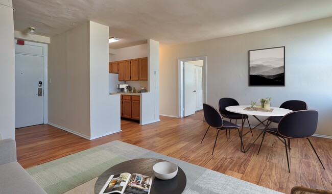 Spacious living room with wood flooring