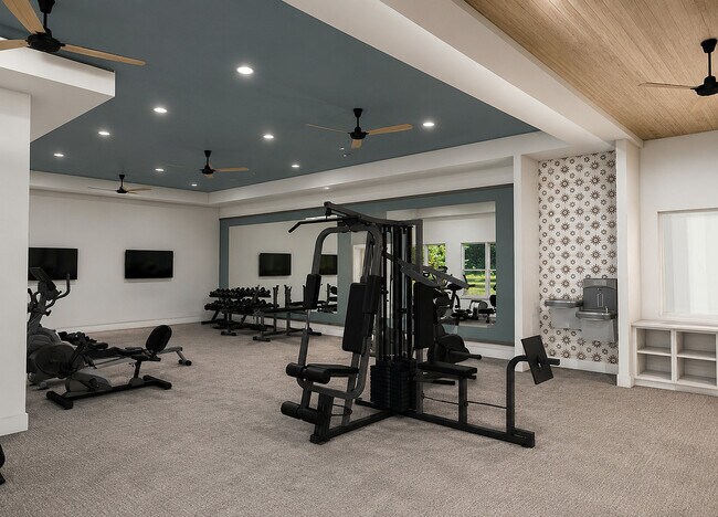The on-site fitness center, open 24 hours. Artist's rendering; finishes and equipment may differ.