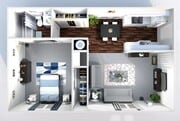 Contemporary 3D floor plan showcasing a single bedroom, bathroom, stylish kitchen, and open-concept living area with modern decor.