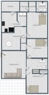 Chic floor plan featuring 3 cozy bedrooms, a generous living area, open dining space, and modern kitchen layout.