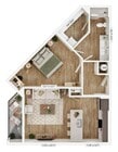 Explore this contemporary layout maximizing comfort and aesthetic appeal in a one-bedroom space.