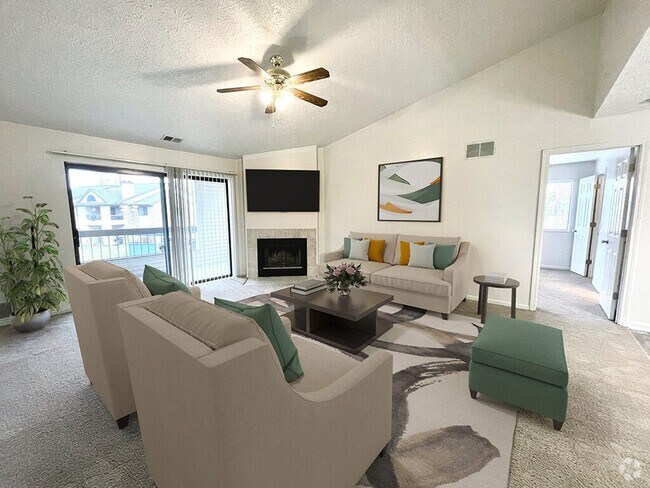 Living Room with Ceiling Fan and Fireplace - Huntington Glen Rental