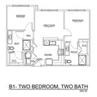 Apartamento de dos habitaciones y dos baños, 850 pies cuadrados.