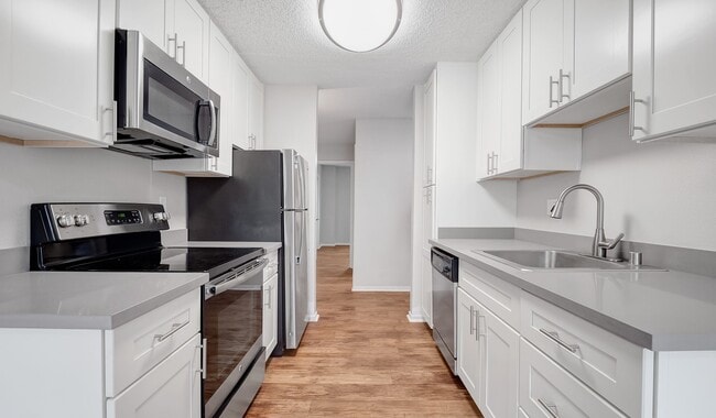 Kitchens feature stainless steel appliances and wood flooring