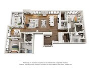 Elegant 3D floor plan featuring a luxurious design with 3 bedrooms, modern kitchen, spacious living area, and a cozy balcony.